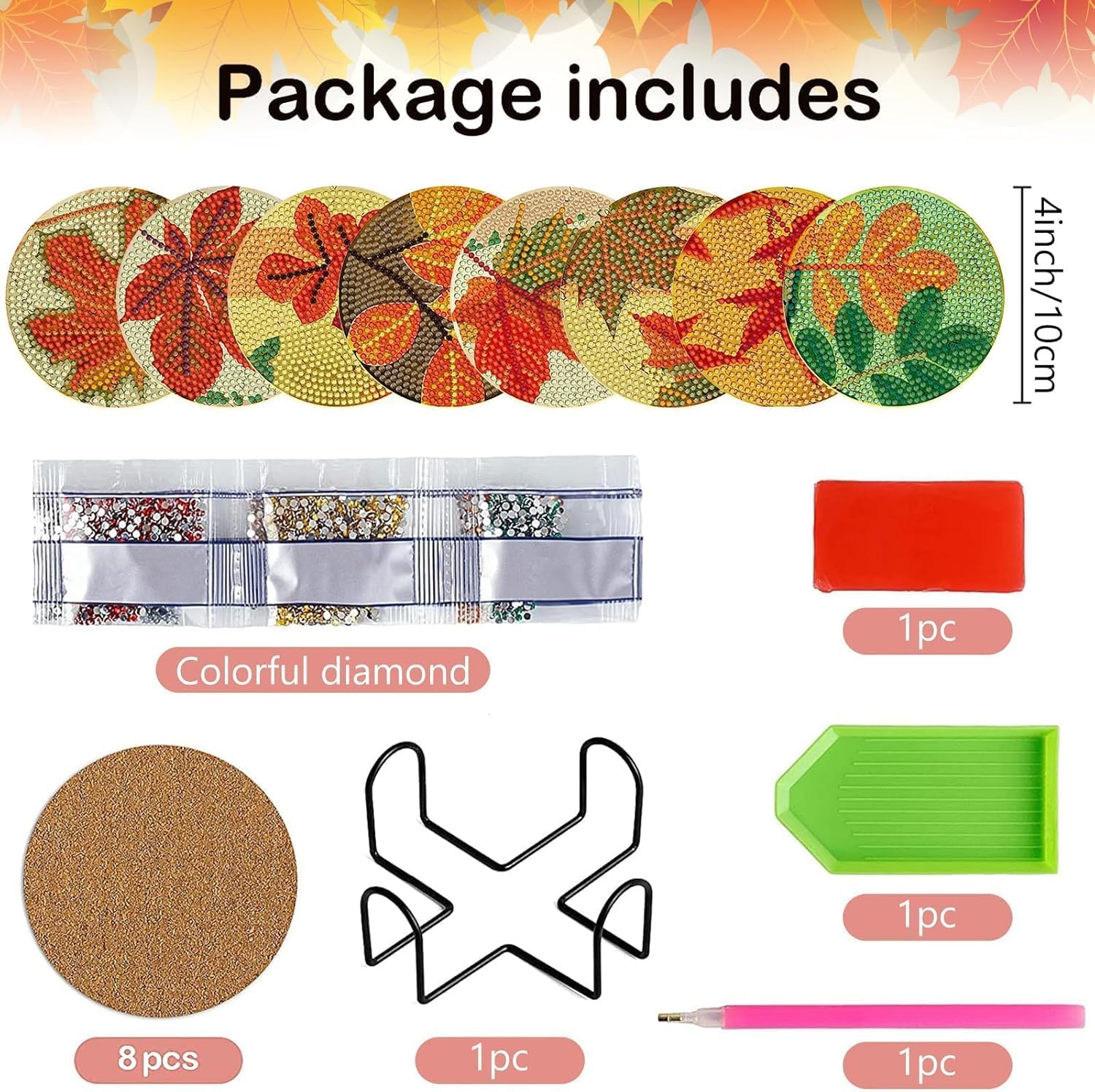8 posavasos de diamante con hojas de arce de otoño, vintage, con soporte, diseño de hojas de arce de otoño, posavasos de arte de diamante 5D,
