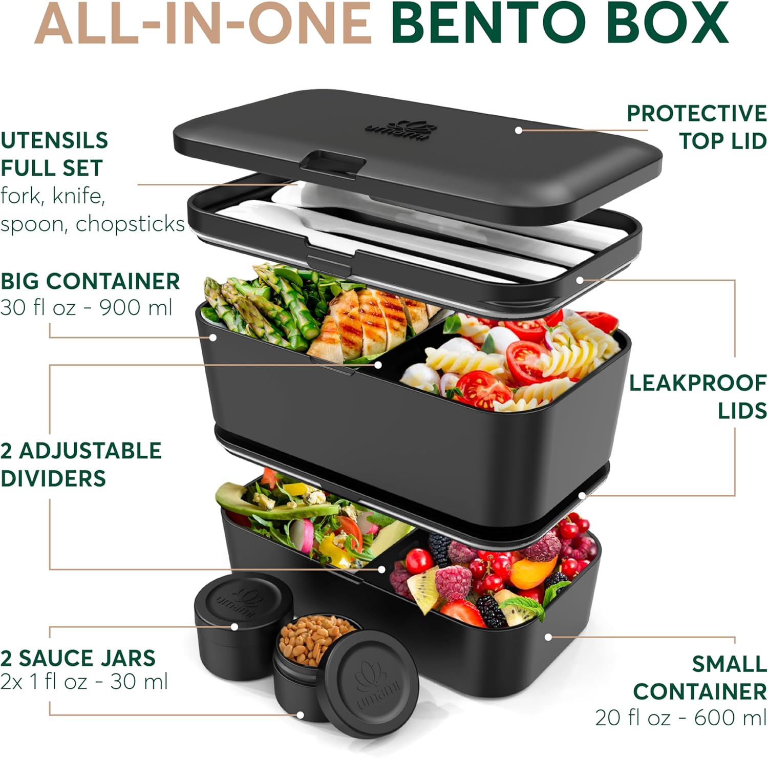 Umami Caja Bento de alta calidad que es 100% a prueba de fugas y muy fácil de limpiar, encajable para almacenamiento, todo en uno y sin BPA