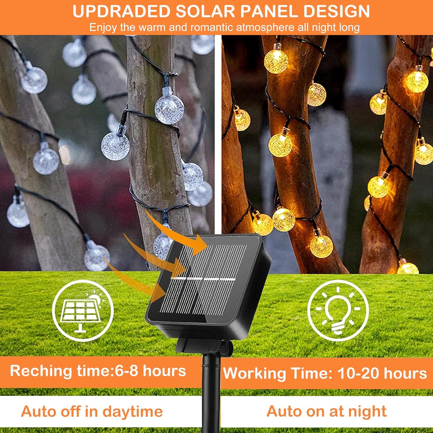 Tira de luces solares para exteriores, 100 luces LED de globo de cristal, 8 modos, impermeables, funciona con energía solar para exteriores, luces