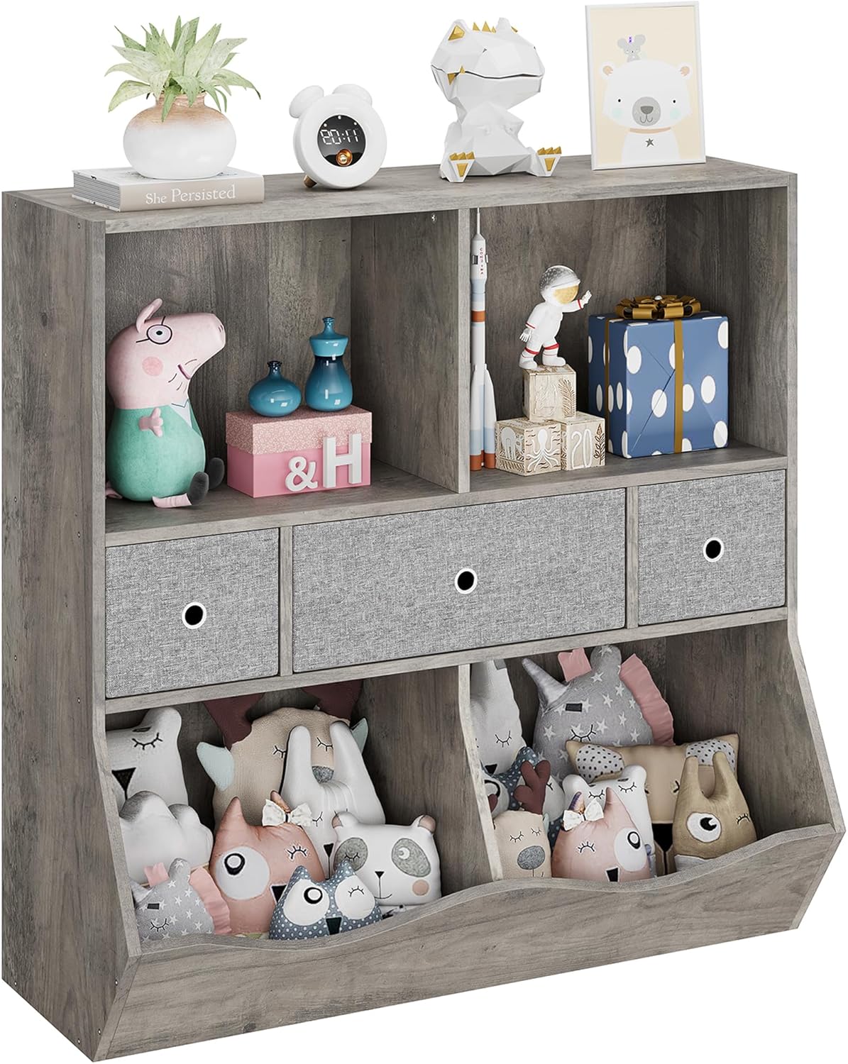 IDEALHOUSE Estantería para niños y organizador de almacenamiento de juguetes con 3 cajones móviles, armario de almacenamiento de piso con 4