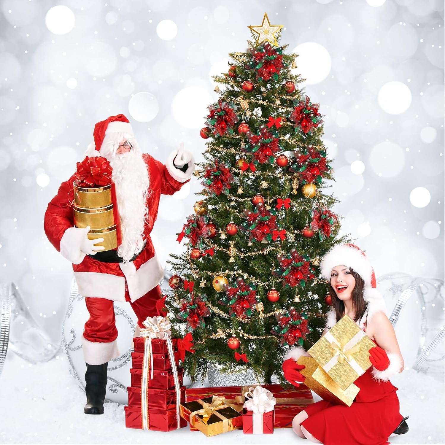 Adornos de flores de Pascua artificiales de Navidad con purpurina y clips y tallos, adornos para árbol de Navidad de Pascua con purpurina para bodas
