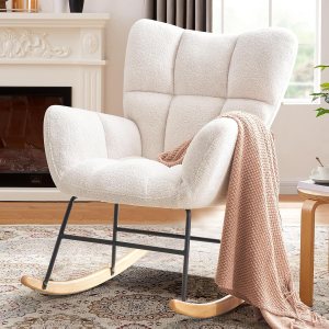 SENYUN Mecedora para guardería, mecedora tapizada de peluche con respaldo alto, mecedora para bebé suave y segura con patas de madera maciza, silla SENYUN Mecedora para guardería, mecedora tapizada de peluche con respaldo alto, mecedora para bebé suave y segura con patas de madera maciza, silla