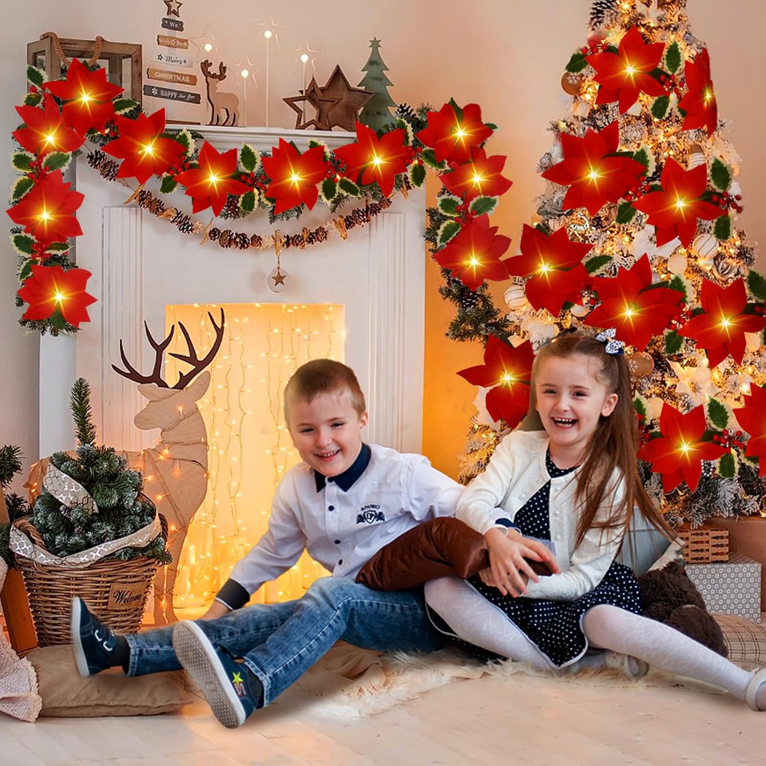 2 guirnaldas de Navidad decorativas  7.5 pies de flores de Pascua artificiales iluminadas con temporizador, guirnalda de Navidad para decoración de