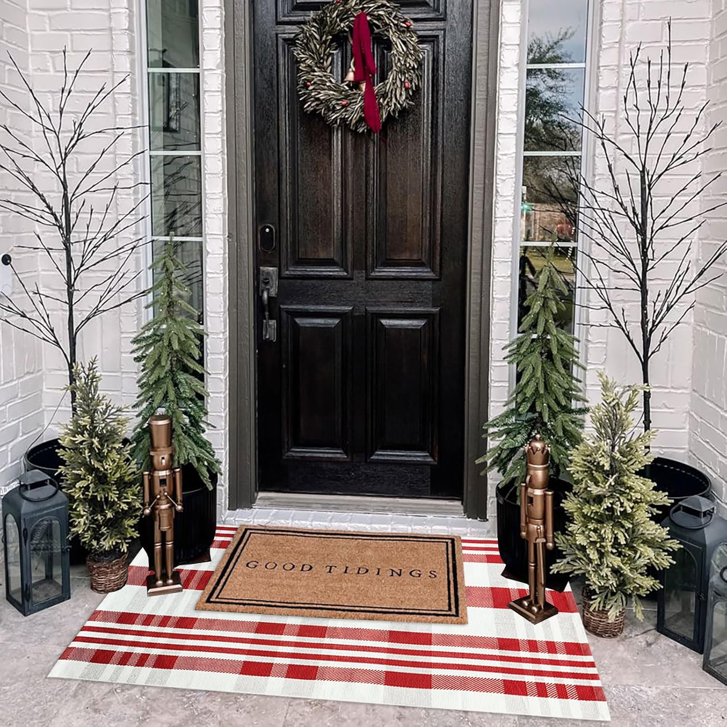Alfombra de Navidad a cuadros para exteriores, 27.5 x 43 pulgadas, alfombra de área de cuadros rojos y blancos para interiores y exteriores,