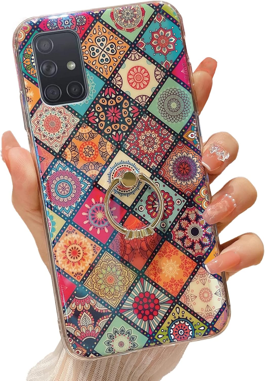 Funda para Samsung A71 5G Retro Floral Slim Linda Caso a prueba de golpes Cubierta de protección para Adolescentes Niñas Mujeres con Anillo Dorado