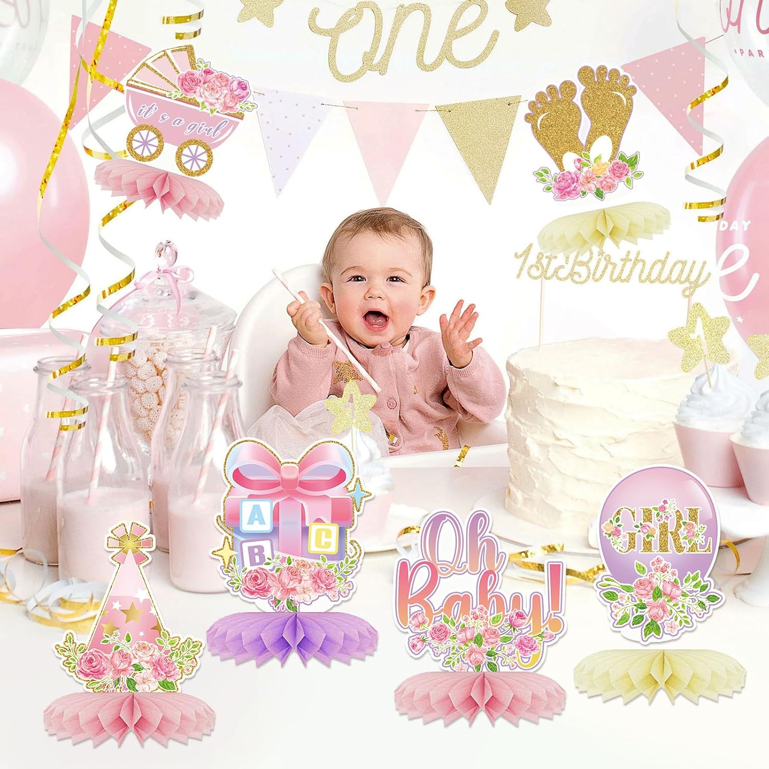12 centros de mesa de nido de abeja para baby shower, decoración de fiesta para niñas, diseño floral de oro rosa rosa con texto en inglés “It’s a