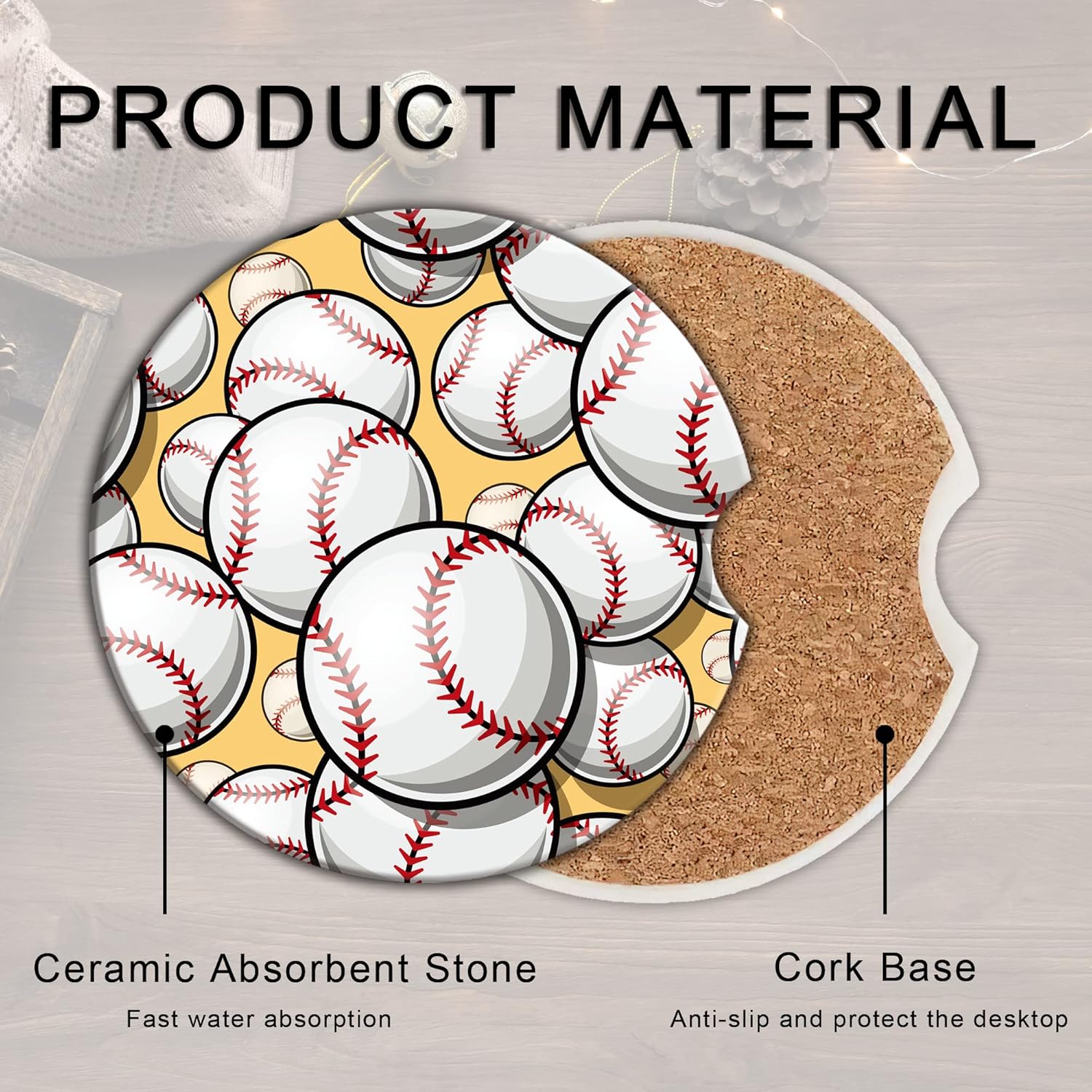 Juego de 2 posavasos de béisbol y sóftbol para automóvil para bebidas, juego de 2 posavasos absorbentes de piedra de cerámica con muesca de dedo y