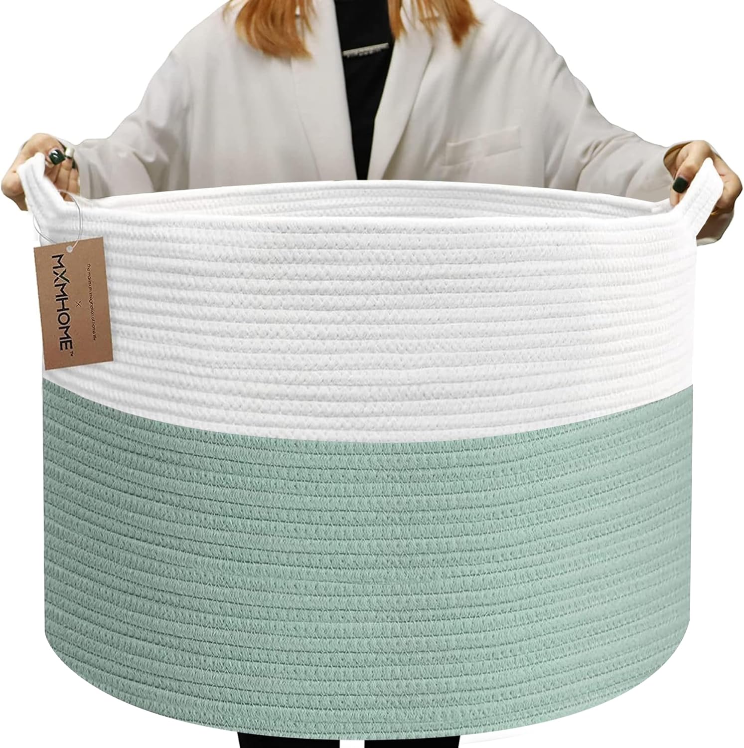 Cesta de cuerda tejida XXXL con asas, cesta de 23.6 x 23.6 x 14.1 pulgadas para mantas para sala de estar, canasta grande de almacenamiento de