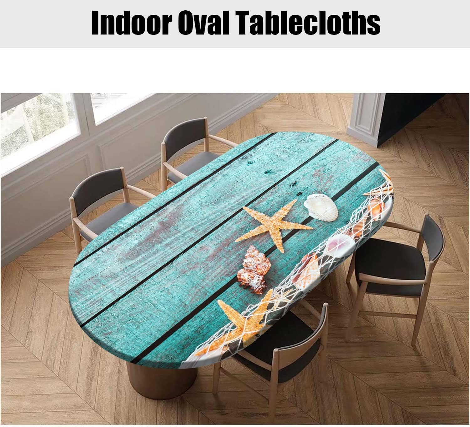 RenteriaDecor Mantel ajustable de grano de madera, ovalado, diseño de estrella de mar con conchas y borde elástico, manteles de poliéster para
