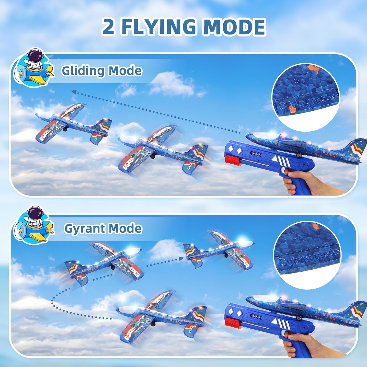 Paquete de 3 juguetes de lanzamiento de avión de espuma, avión de catapulta LED con 2 modos de vuelo, juguetes al aire libre para niños, juguetes de