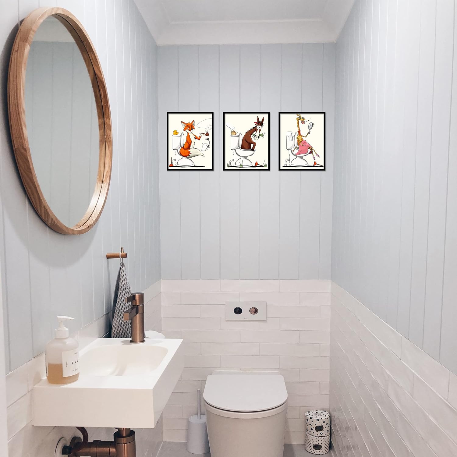 Juego de 6 pósteres de lienzo para pared de baño, diseño de animales, diseño de zorro, gato, rana, jirafa, caballo en el inodoro, ilustración para