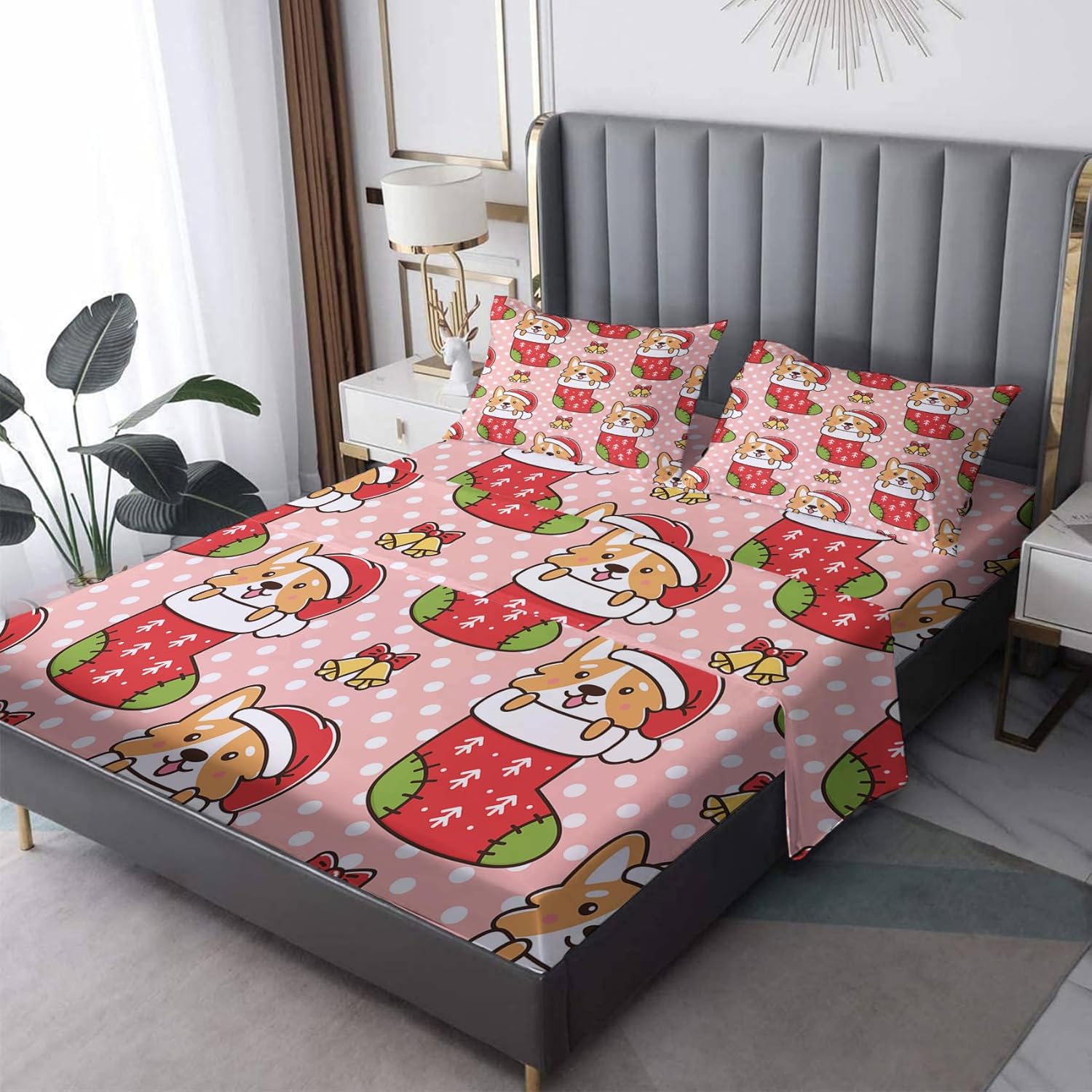 Sábanas de Navidad tamaño King  Lindas sábanas de microfibra suave con bolsillo profundo y patrón sin arrugas, 4 piezas (1 sábana bajera, 1 sábana