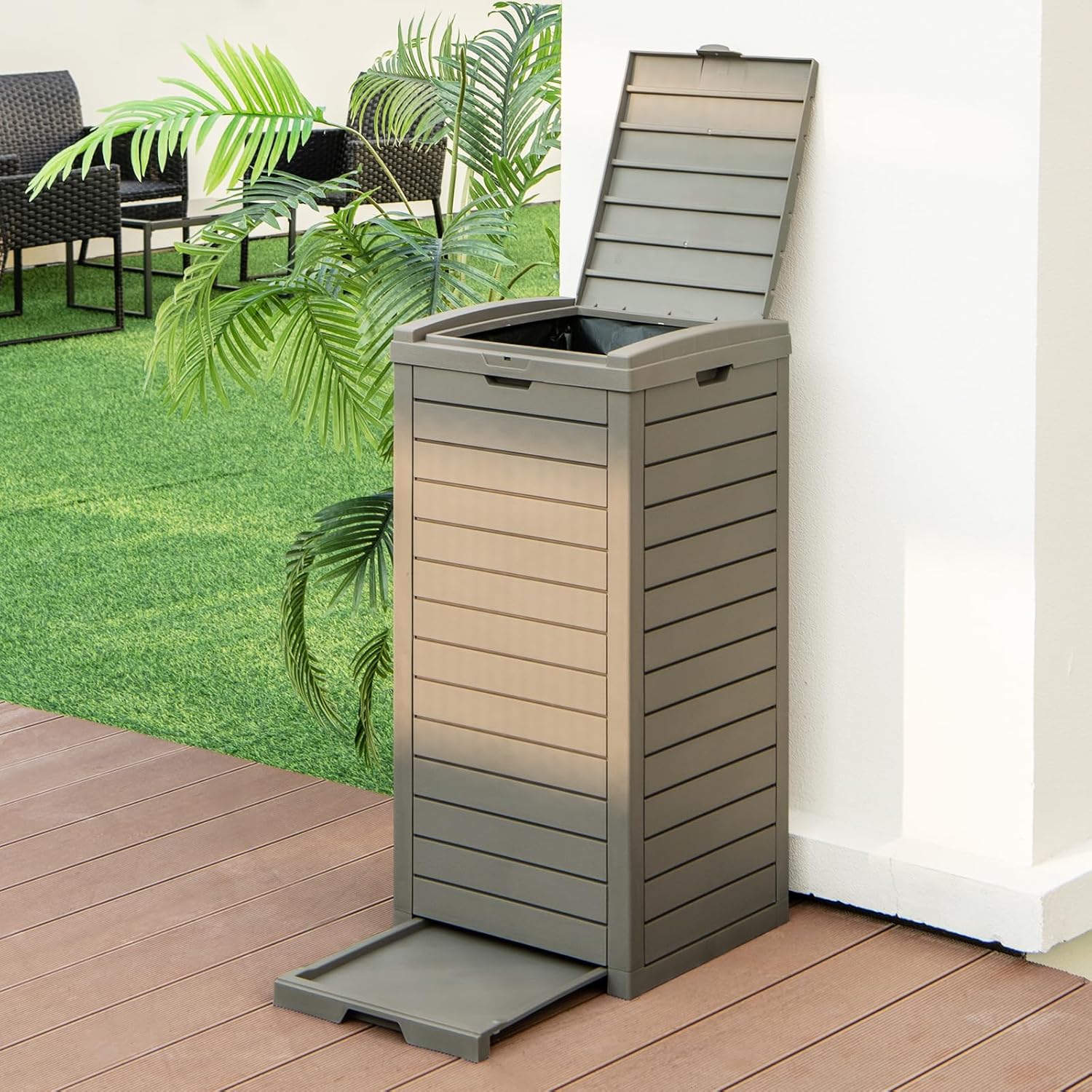 S AFSTAR Cubo de basura para exteriores de 31 galones, bote de basura impermeable con tapa y bandeja deslizable, cubo de basura grande de resina de
