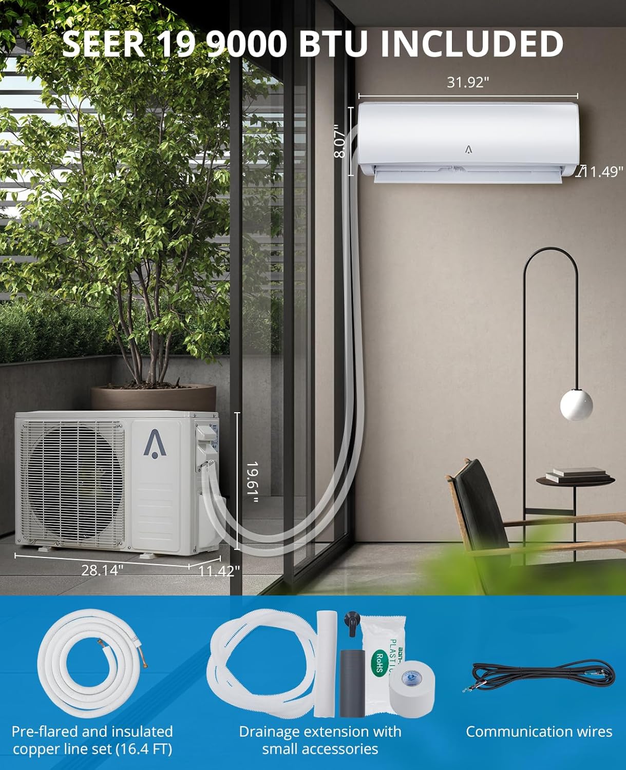 ACONEE 9000 BTU Smart Mini Split Aire AcondicionadoSistema de Calefacción 19 SEER Split Inverter AC con bomba de calor precargada y kit de
