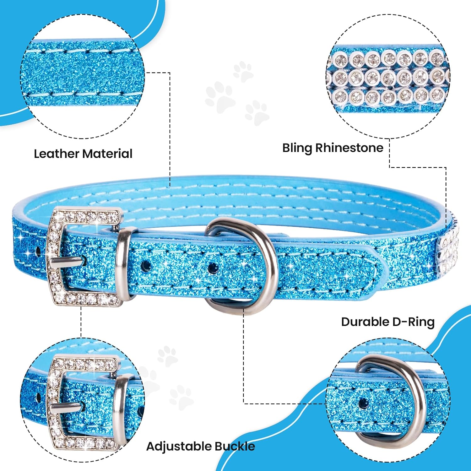 Apasiri Collar de perro con diamantes de imitación para perros pequeños, collar de perro azul, collar de cuero para perros medianos, lindo collar de