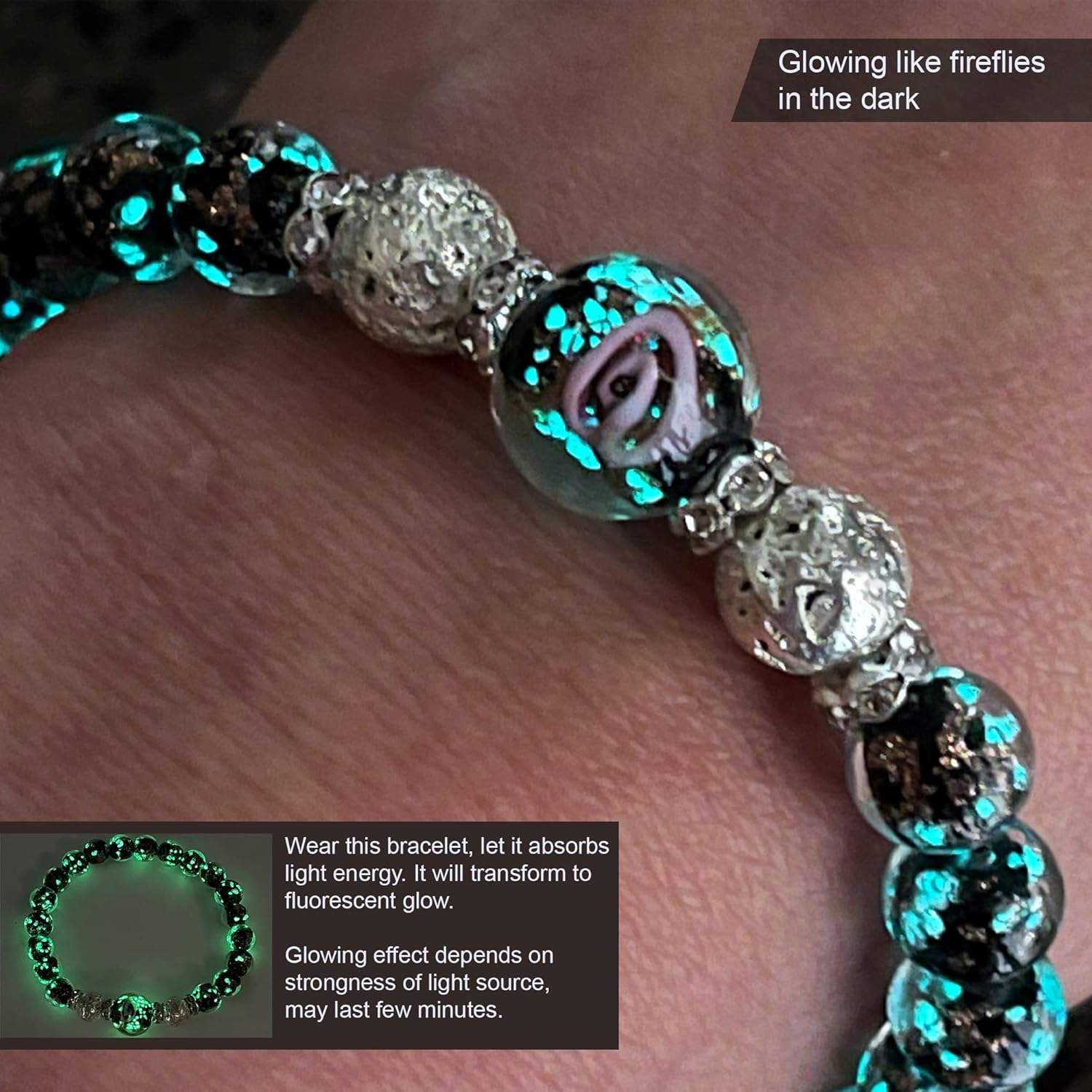 ARTSY Crafts Glow in the Dark Firefly Beads Bracelet for Women, Luminous Glass Beads Healing Crystal Glowing Beaded Bracelets, Mermaid Bracelet,