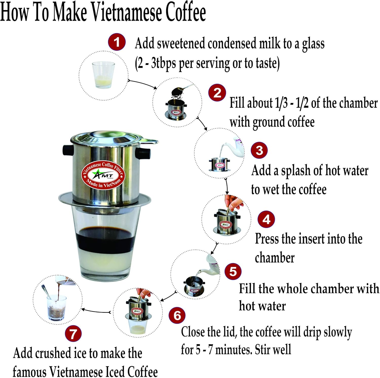 AMT Filtro de café vietnamita de 9.5 onzas, 2-3 porciones Phin, gotero de café vietnamita con rosca para estilo vietnamita en la oficina en casa