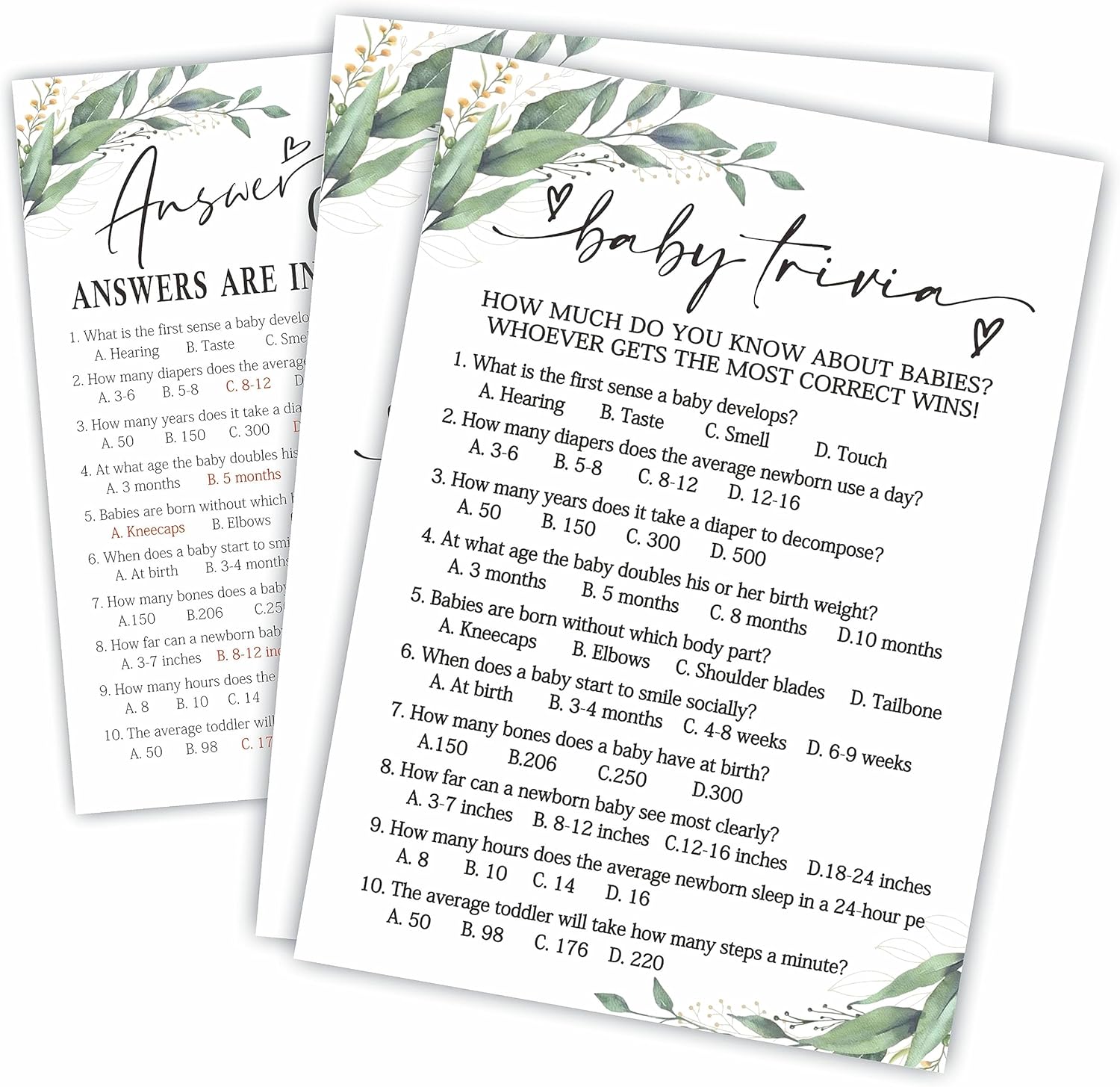 Juego de preguntas para bebés para baby shower, 30 tarjetas de juego con temática de vegetación de doble cara y 1 tarjeta de respuesta, divertido