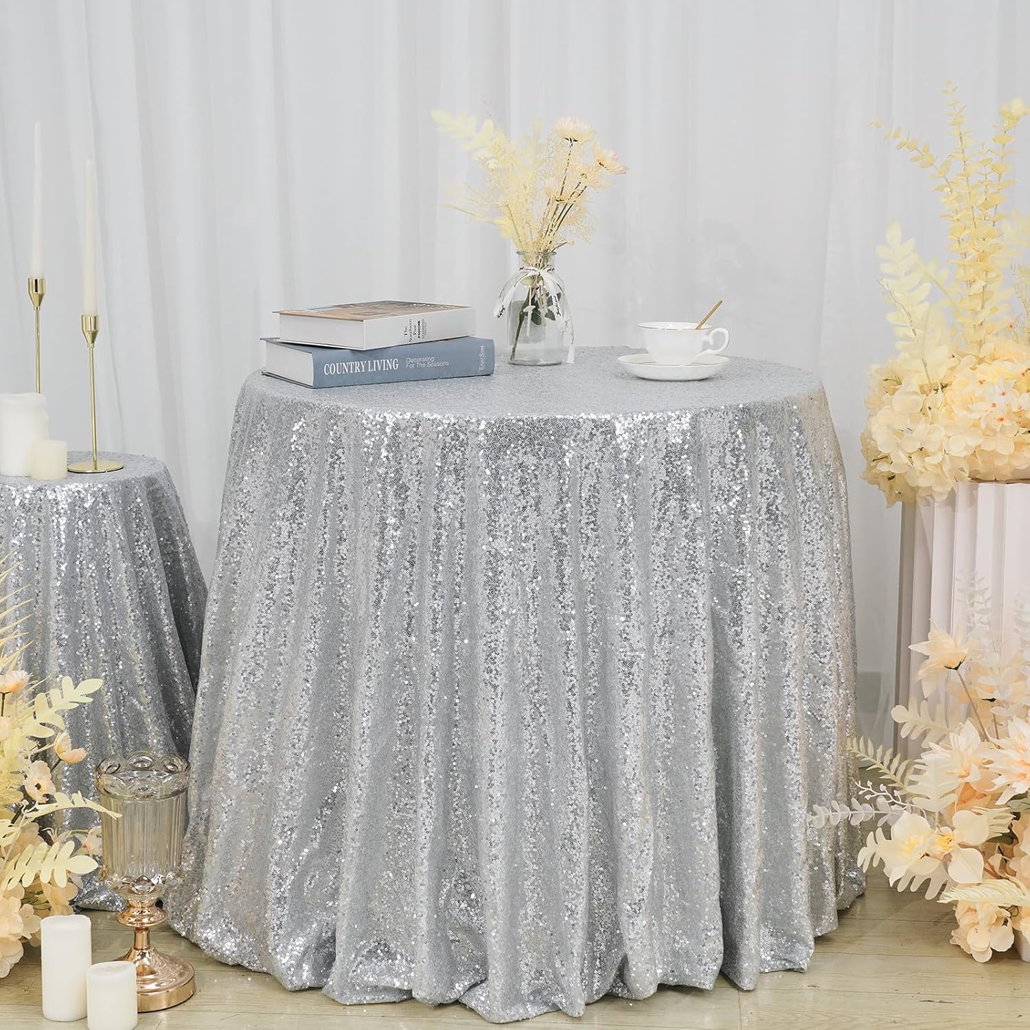 Mantel redondo de lentejuelas plateadas brillantes de 72 pulgadas, mantel de lentejuelas para tartas, ropa de cama de lentejuelas para boda