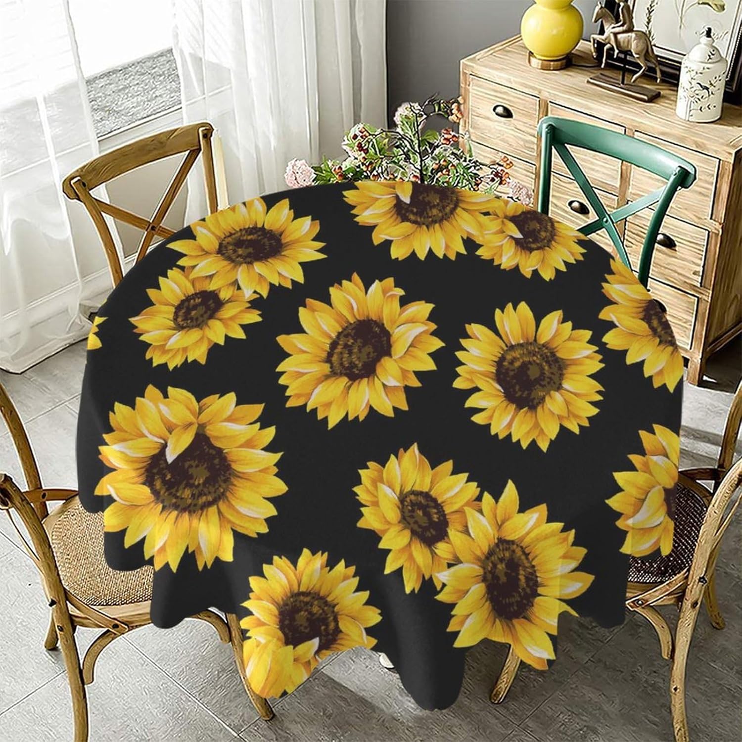 JZDACH Mantel redondo, mantel lavable con girasoles amarillos para restaurante, picnic, boda, comedor interior y exterior, 48 pulgadas