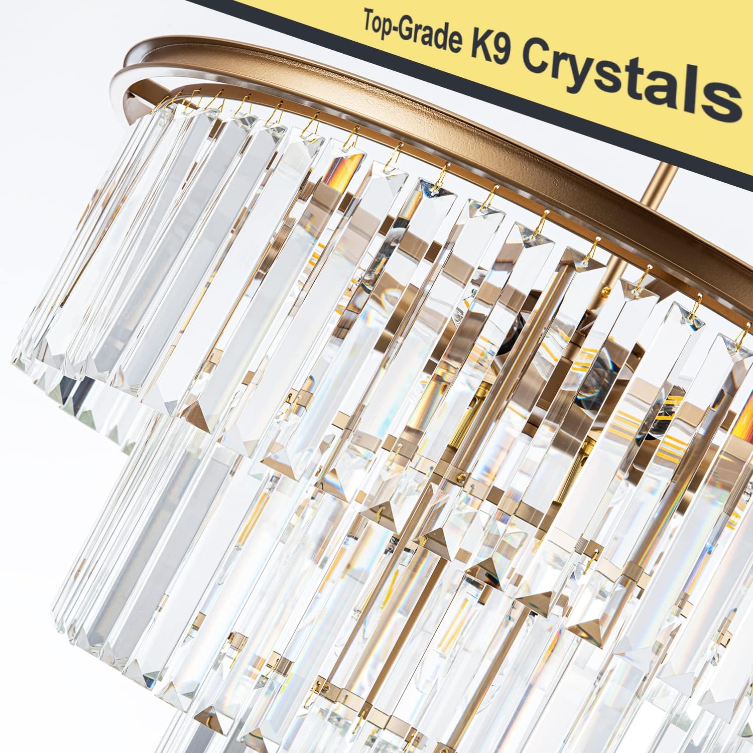 Candelabro colgante de cristal moderno dorado de 23.64 pulgadas, 12 luces, lámpara colgante de 3 niveles, iluminación colgante de cristal para sala