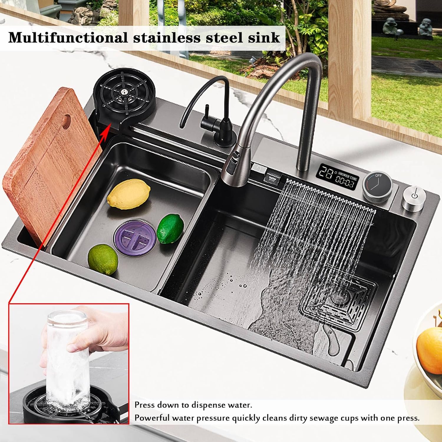 NOYHHAV Pantalla de temperatura Cocina cascada Fregadero de 29.5 pulgadas Fregaderos de cocina Fregaderos de cocina de acero inoxidable negro con