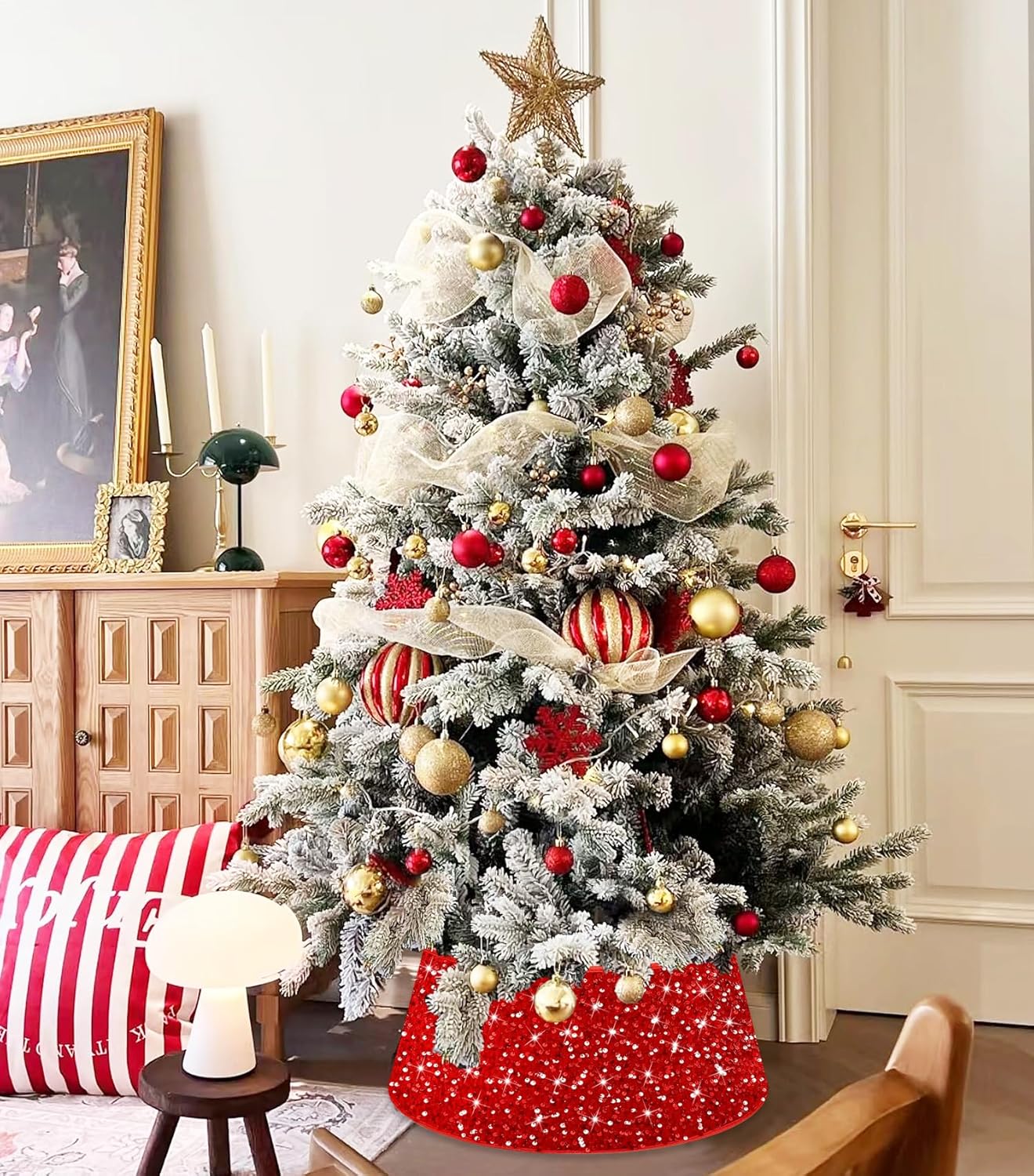 Falda de árbol de Navidad roja con lentejuelas y lentejuelas de 23.6 pulgadas, faldas de terciopelo con purpurina para árbol de Navidad, anillo de