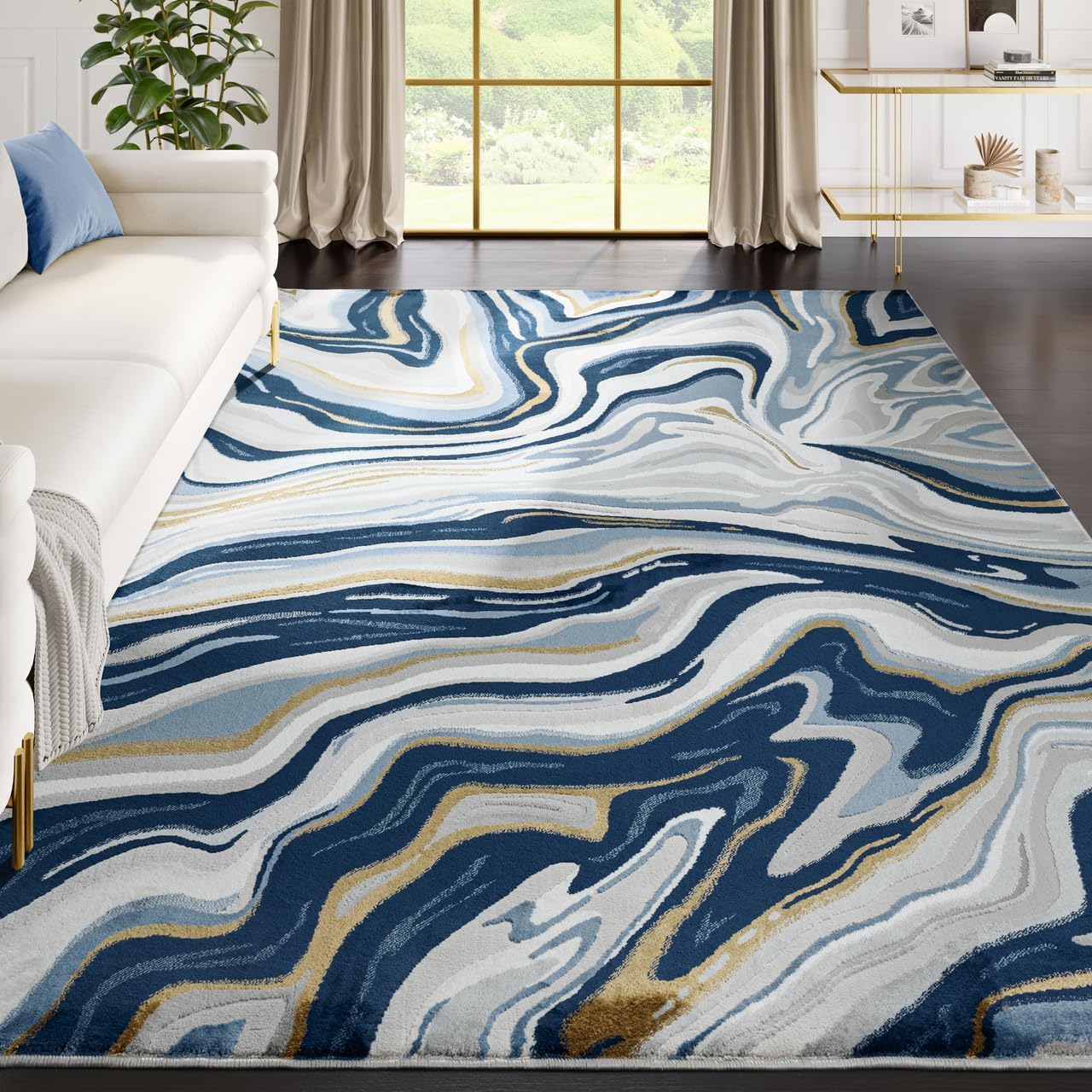 Abani Regal Collection – Alfombra de área, diseño abstracto ondulado azulgris, 5 x 8 pies, fácil de limpiar, duradera para niños y mascotas, no