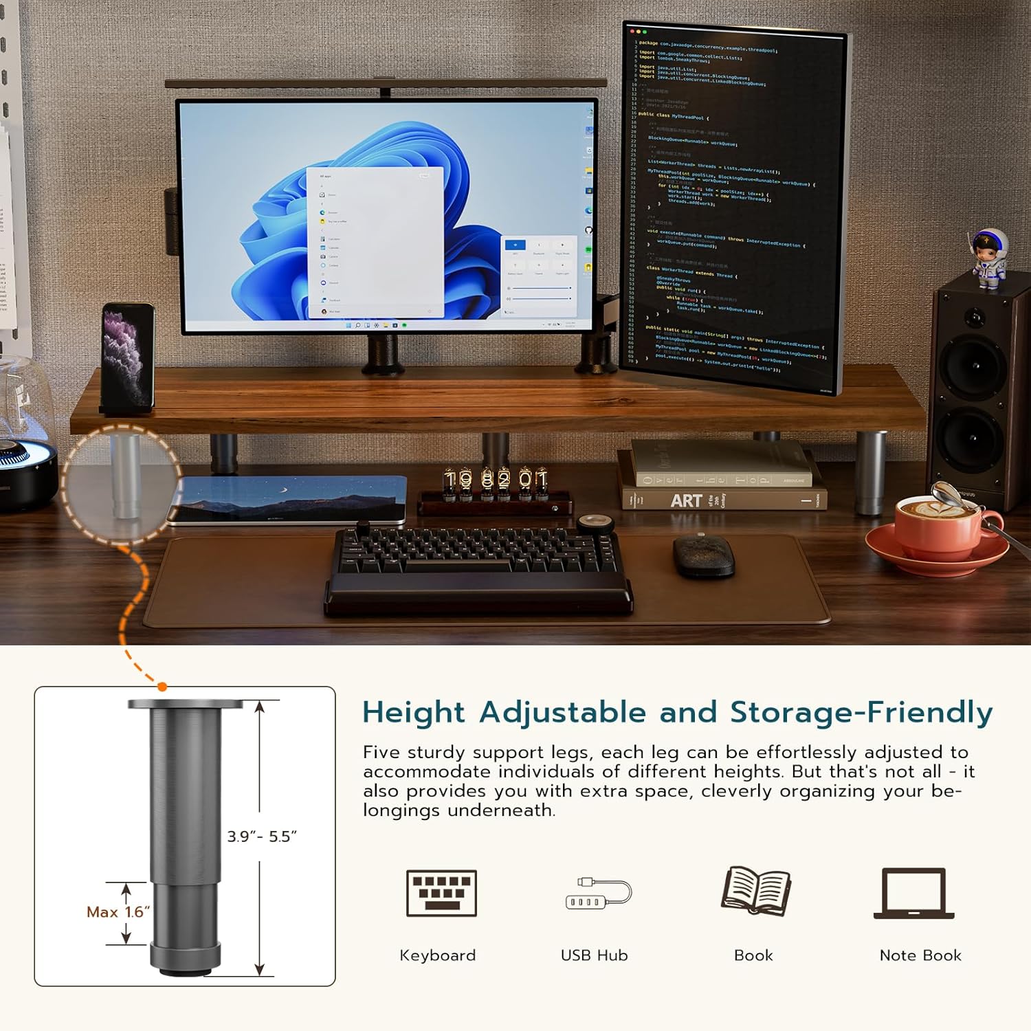 Frylr Elevador grande de doble monitor, madera dura hecha a mano de primera calidad, soporte de monitor de computadora de madera de altura ajustable