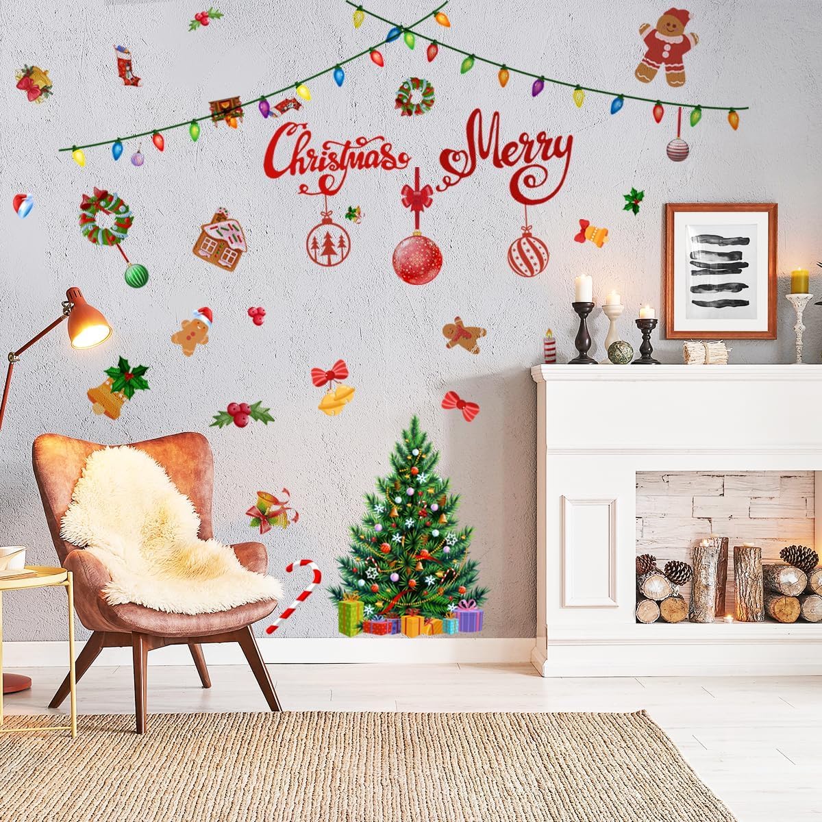 47.24 x 47.24 pulgadas, calcomanía de pared de Feliz Navidad, árbol de Navidad, bola de luz de globo, calcomanías de pared extraíbles para