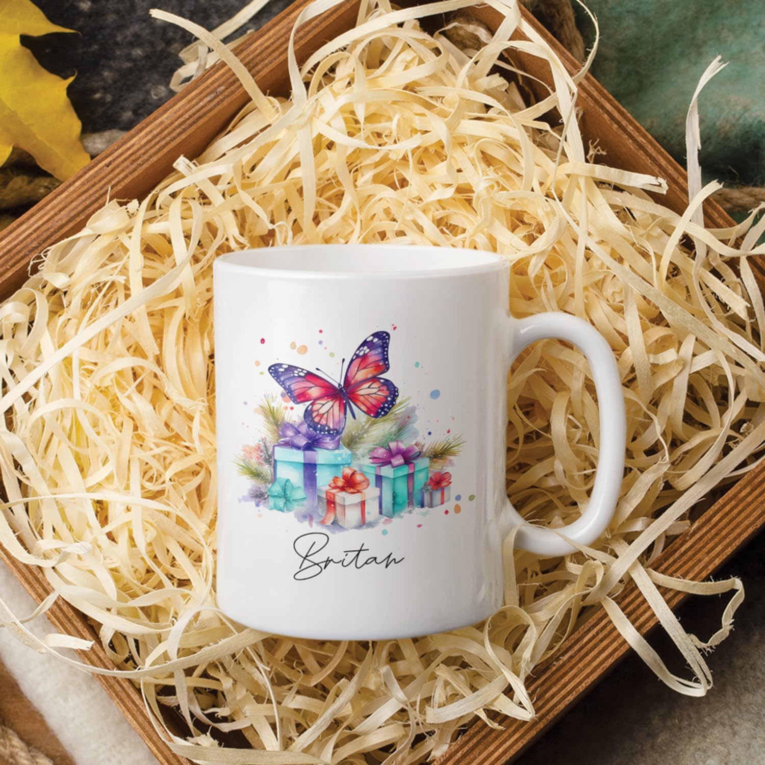 Tazas de cerámica blanca personalizadas, diseño de mariposa con cajas de regalo coloridas, taza de café con nombre personalizado, taza de té de