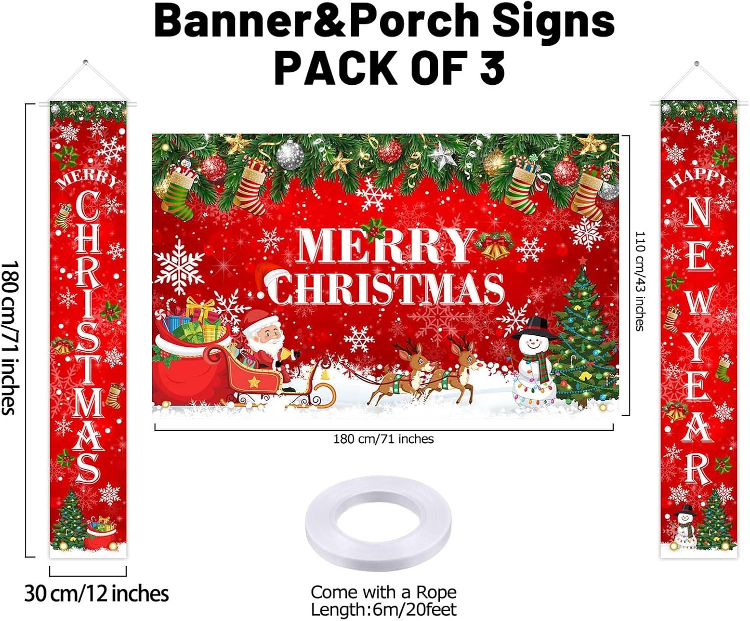 Avezano Decoraciones de Navidad rojas con texto en inglés Merry Christmas para colgar en el porche y en el porche, pancartas de Navidad para