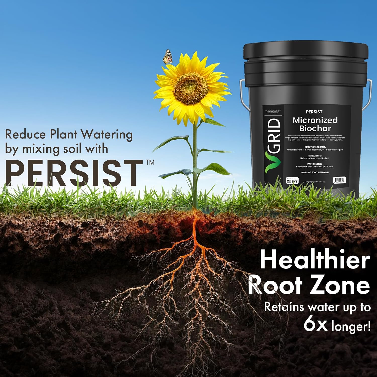 Persist Enmienda micronizada del suelo de biochar para plantas, para uso con pulverizadores y sistemas de línea de goteo, mejora el suelo de las