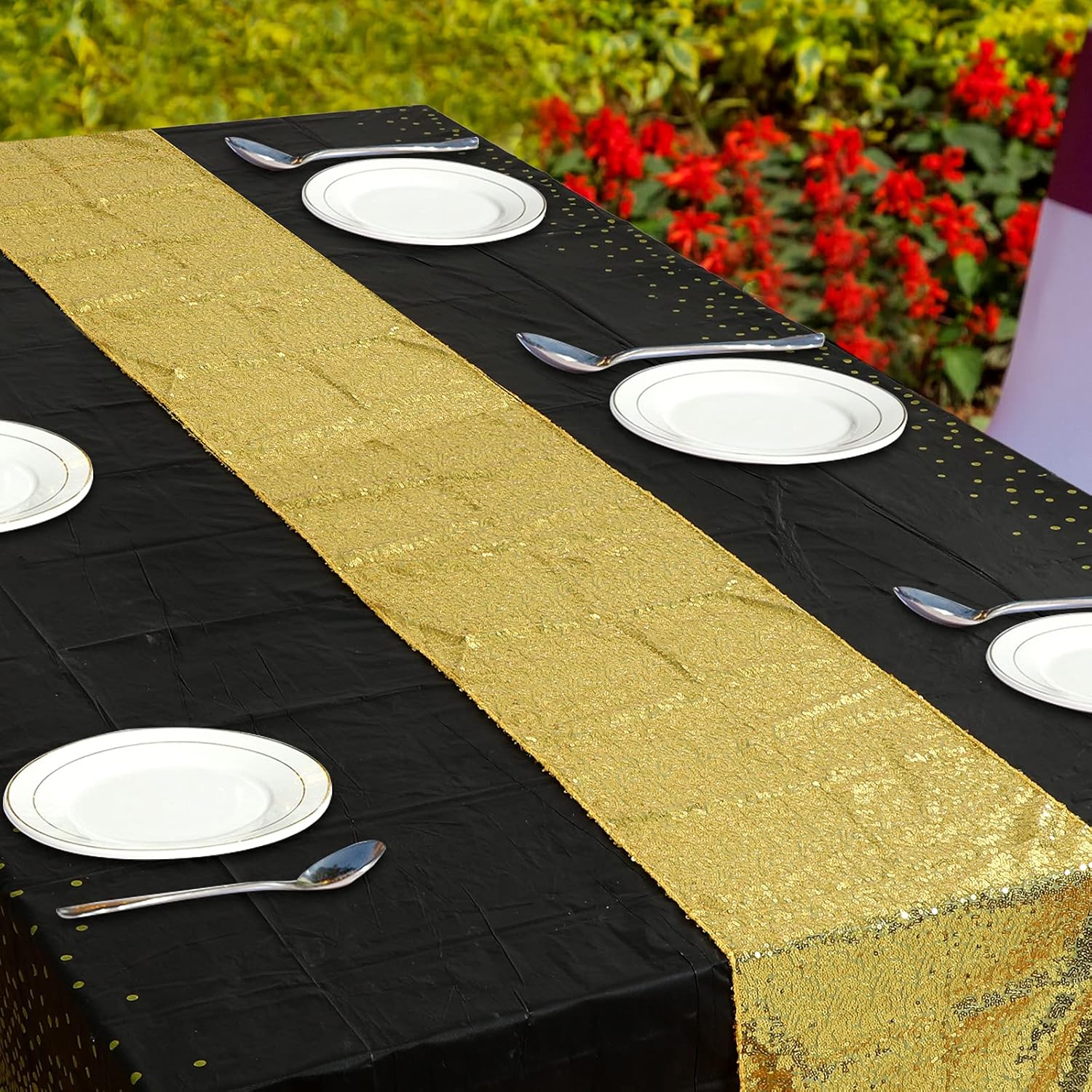 2 manteles de plástico rectangulares de lentejuelas para graduación y 6 pompones para cumpleaños, bodas, aniversarios, fiestas, decoración de mesa