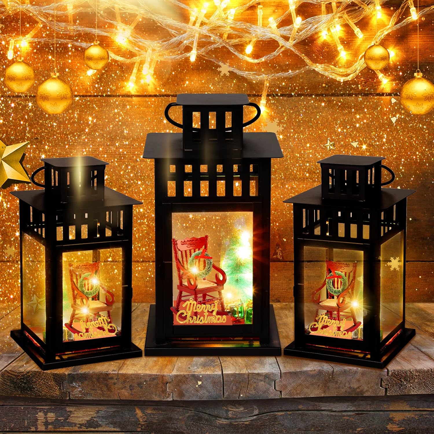 Juego de 9 linternas navideñas de memoria, incluye sillas de modelo de Navidad a escala 112, árbol de Navidad, cajas de regalo, corona multicolor