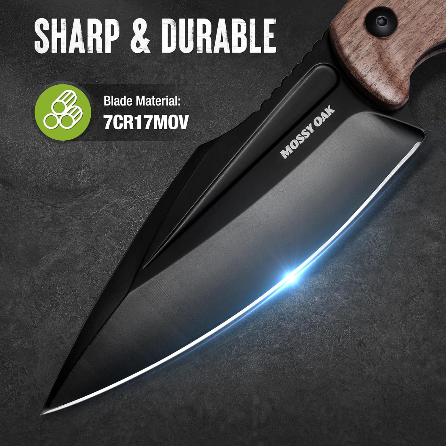 Mossy Oak Cuchillo de hoja fija de 8.5″ con funda de cuero-mango de madera