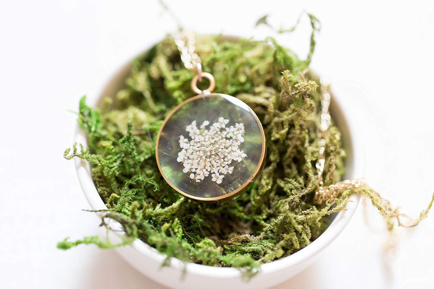 Olive Bella Handmade Pressed White Flower Necklace for Women Queen Anne’s Lace 14k Gold Filled Chain 18 inches