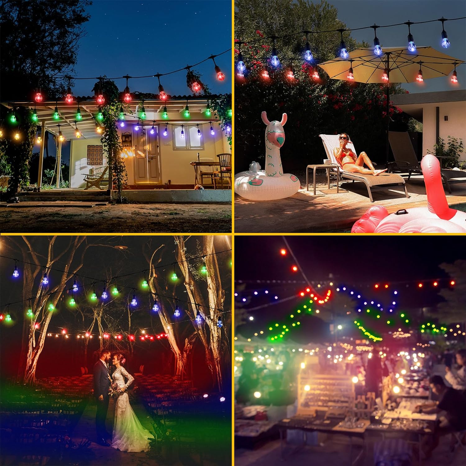 Luces solares multicolores, tira de luces de patio al aire libre regulable de 96 pies con bombillas Edison inastillables, control remoto, luces