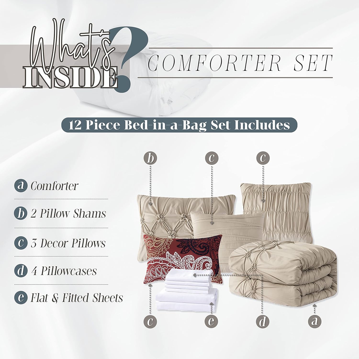 Elegant Comfort Ella – Juego de edredón plisado de 12 piezas, juego de sábanas de 6 piezas con bolsillos inteligentes, almohadas decorativas a