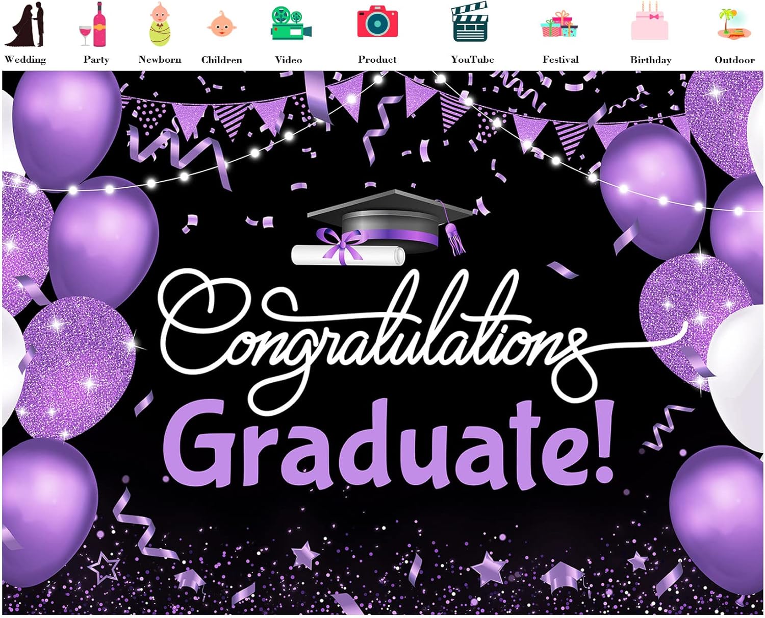 Telón de fondo de graduación de 7 x 5 pies para sesión de fotos, globo negro y morado, felicitaciones de graduados de clase de 2023, felicitaciones,