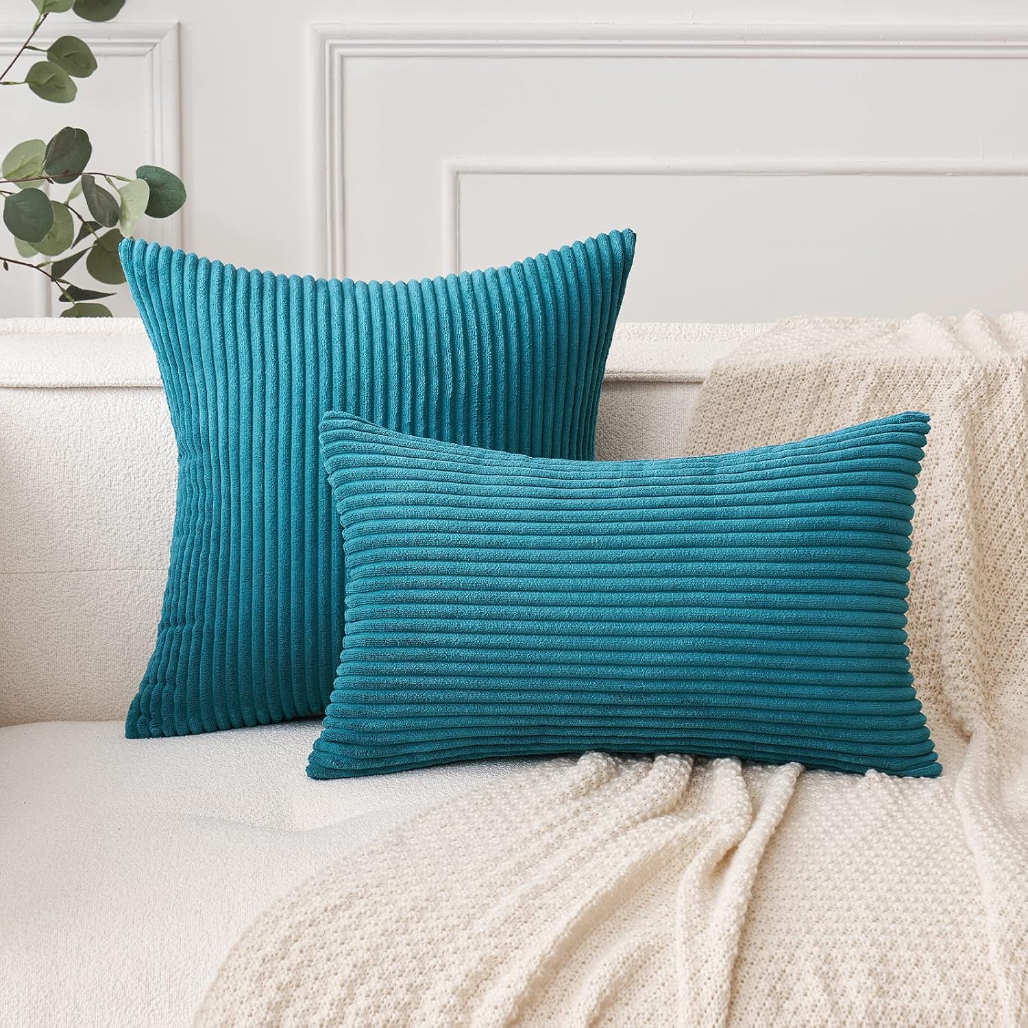 MIULEE Paquete de 2 fundas de almohada de pana verde azulado suave a rayas sólidas, fundas de almohada decorativas cuadradas para sofá, dormitorio,