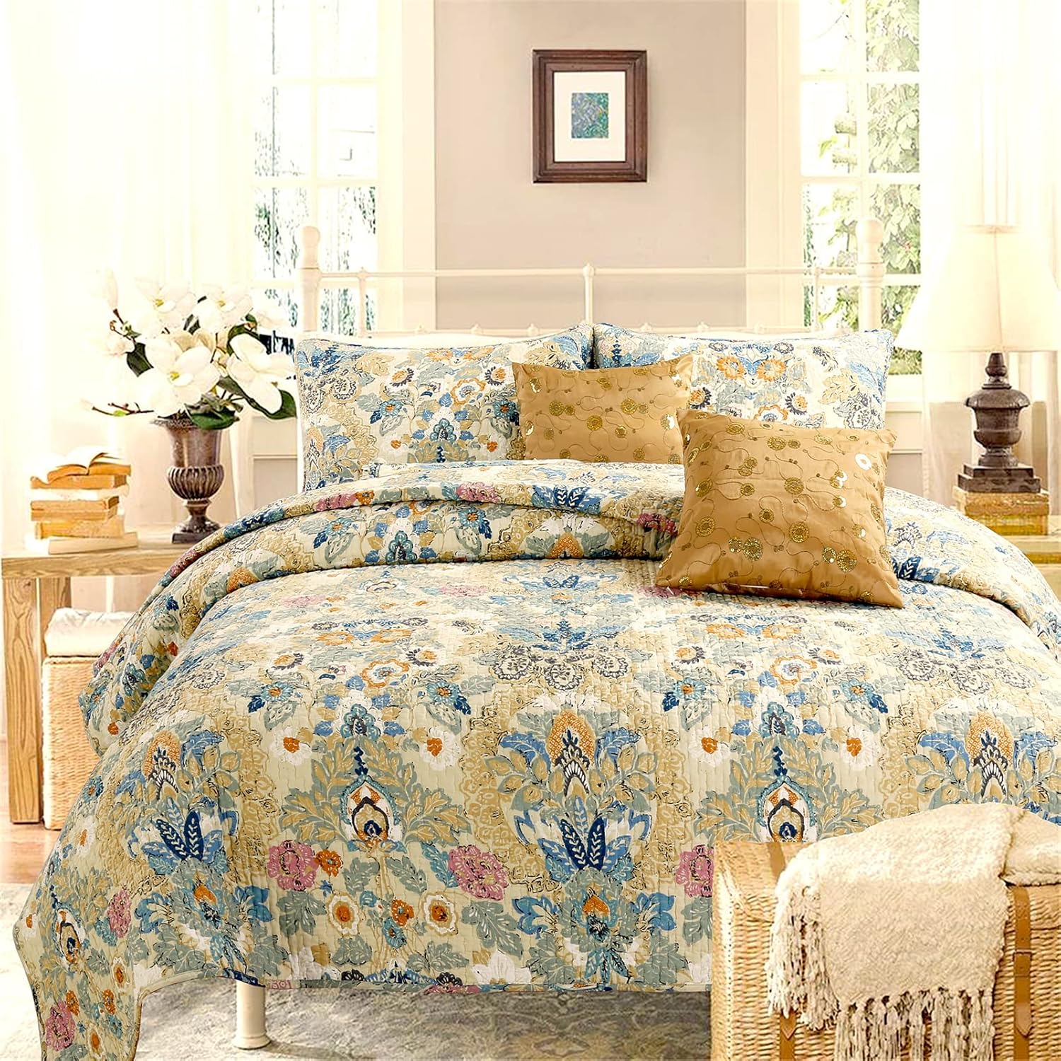 Cozy Line Home Fashions Juego de edredón clásico de lujo, 100% algodón, color beige, azul, floral, rosa, flores, estilo bohemio, colcha reversible
