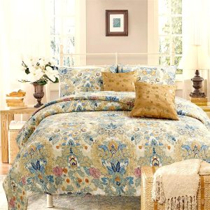 Cozy Line Home Fashions Juego de edredón clásico de lujo, 100% algodón, color beige, azul, floral, rosa, flores, estilo bohemio, colcha reversible Cozy Line Home Fashions Juego de edredón clásico de lujo, 100% algodón, color beige, azul, floral, rosa, flores, estilo bohemio, colcha reversible