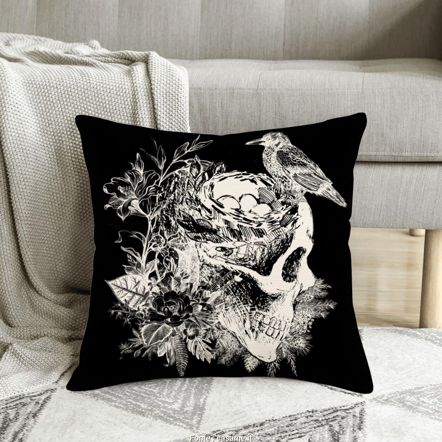Fundas de almohada decorativas de Halloween de 18 x 18 pulgadas, fundas de almohada de calavera negra y blanca, fundas de almohada de esqueleto de