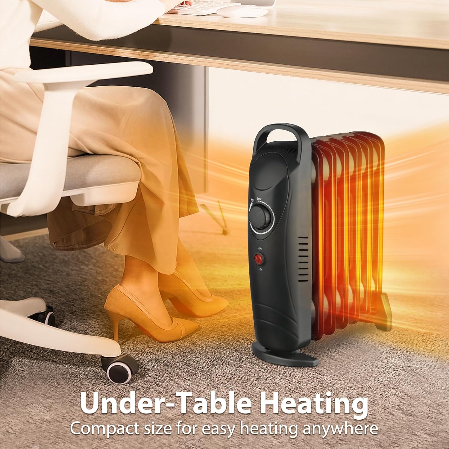 LifePlus Calentador lleno de aceite, calentador de espacio radiante portátil de 700 W con termostato ajustable, calentador eléctrico pequeño