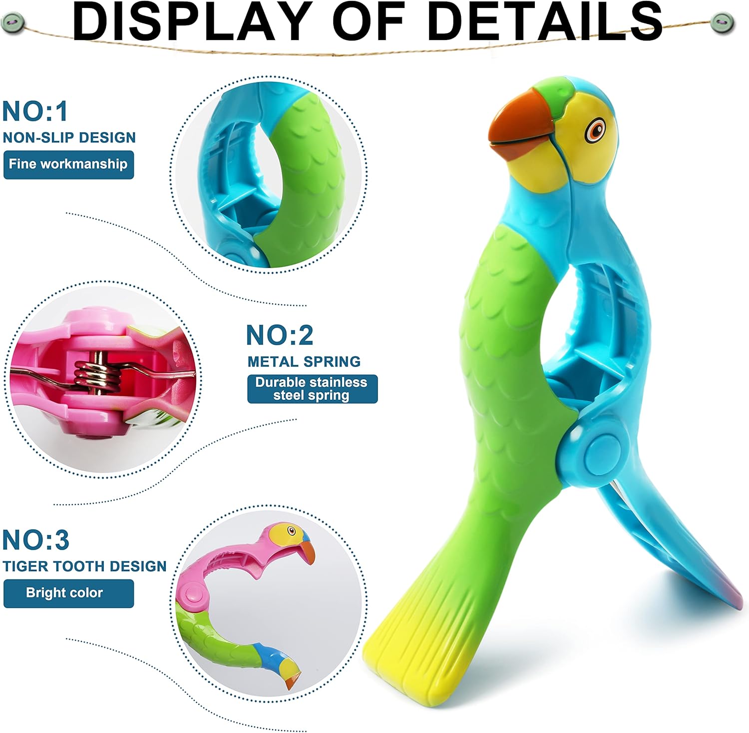 Kaluofan 4 clips de toalla para sillas, clips fuertes para toallas, accesorios de playa con forma de loro vívido (azul + rosa)