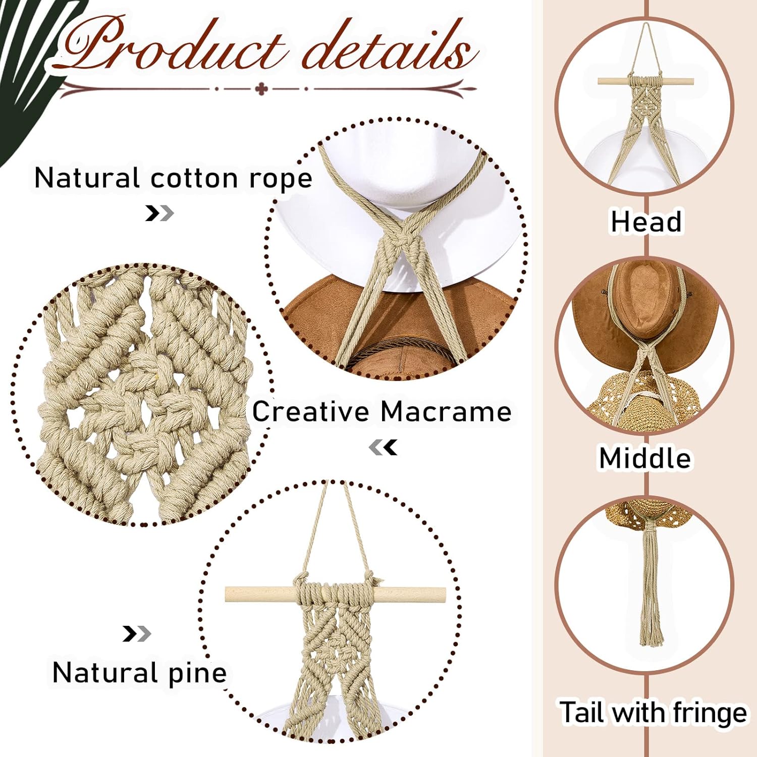 Perchas de macramé para sombreros, estilo bohemio, para colgar sombreros de vaquero, organizador para la parte trasera de la puerta (beige, estilo