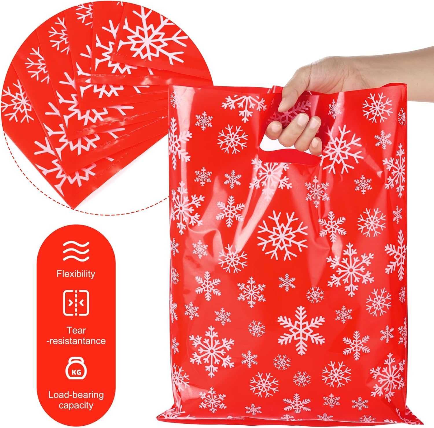MIMIND 150 bolsas de plástico para mercancías de invierno de copos de nieve de 12 x 15 pulgadas, bolsas de regalo reutilizables con asas, bolsas de