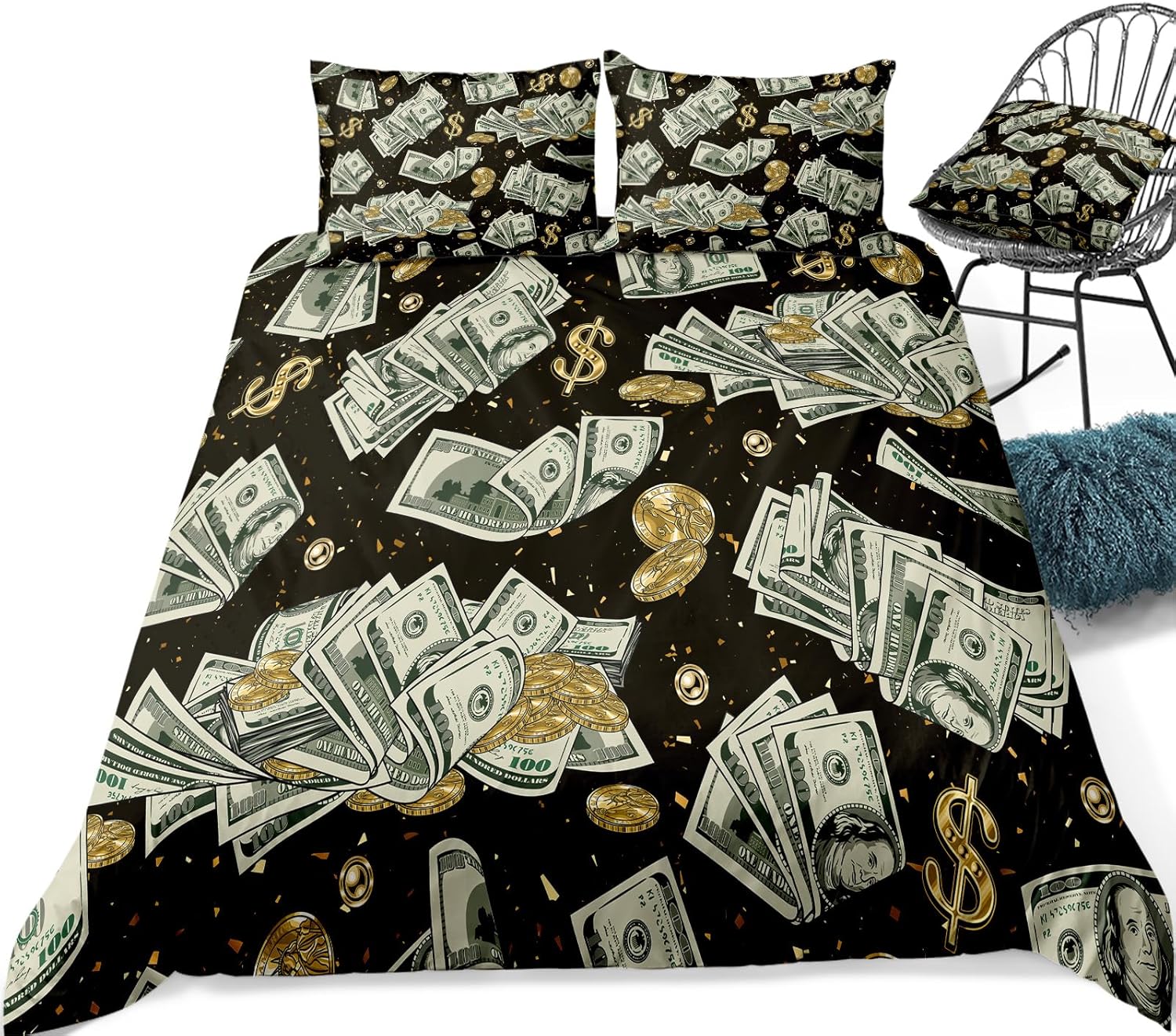 Merryword Juego de funda de edredón de lujo, tamaño King, juego de cama de billetes de dólar, patrón de monedas doradas abstractas, ropa de cama de
