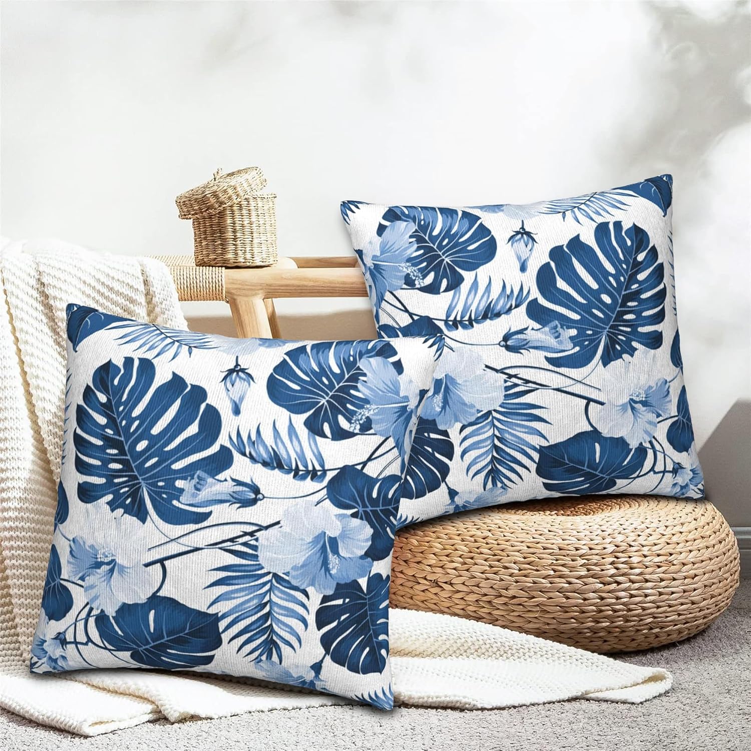 Juego de 2 fundas de almohada de hojas azules de palmera de 18 x 18 pulgadas, juego de 2 fundas de almohada florales hawaianas, arte abstracto,